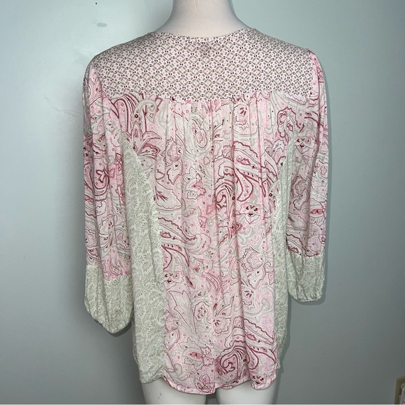 Rose & Thyme Pink Paisley Boho Peasant Blouse Women’s Large Tassel Tie Rayon Top - Picture 8 of 12